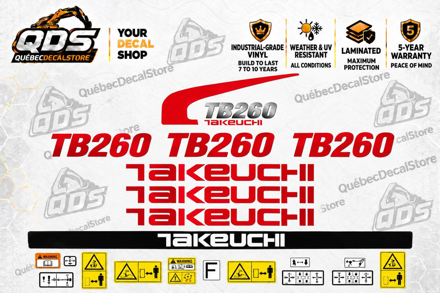 Takeuchi TB260 aftermarket decal kit with safety labels