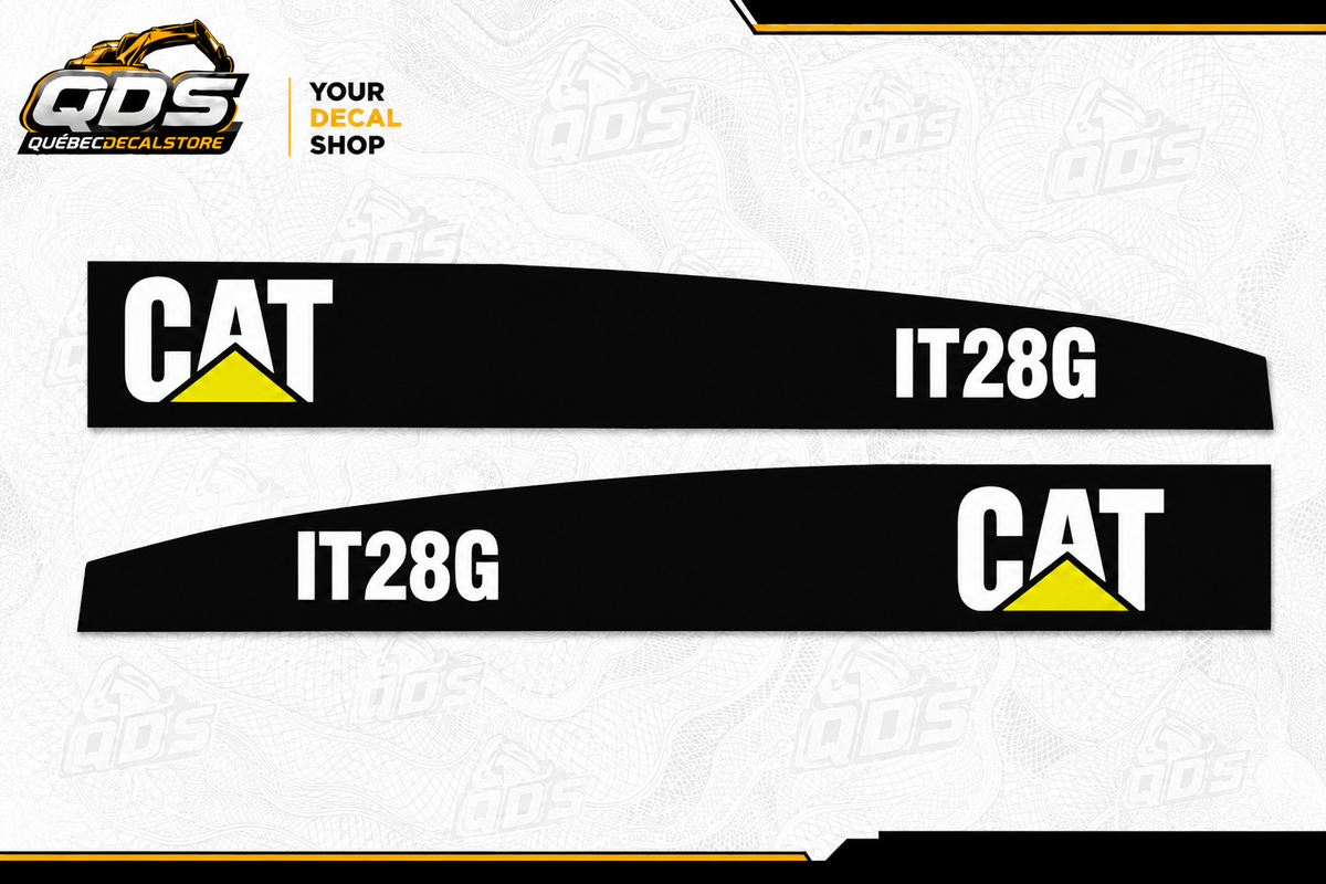 CAT Wheel Loader IT28G – aftermarket replacement decals shown in the kit
