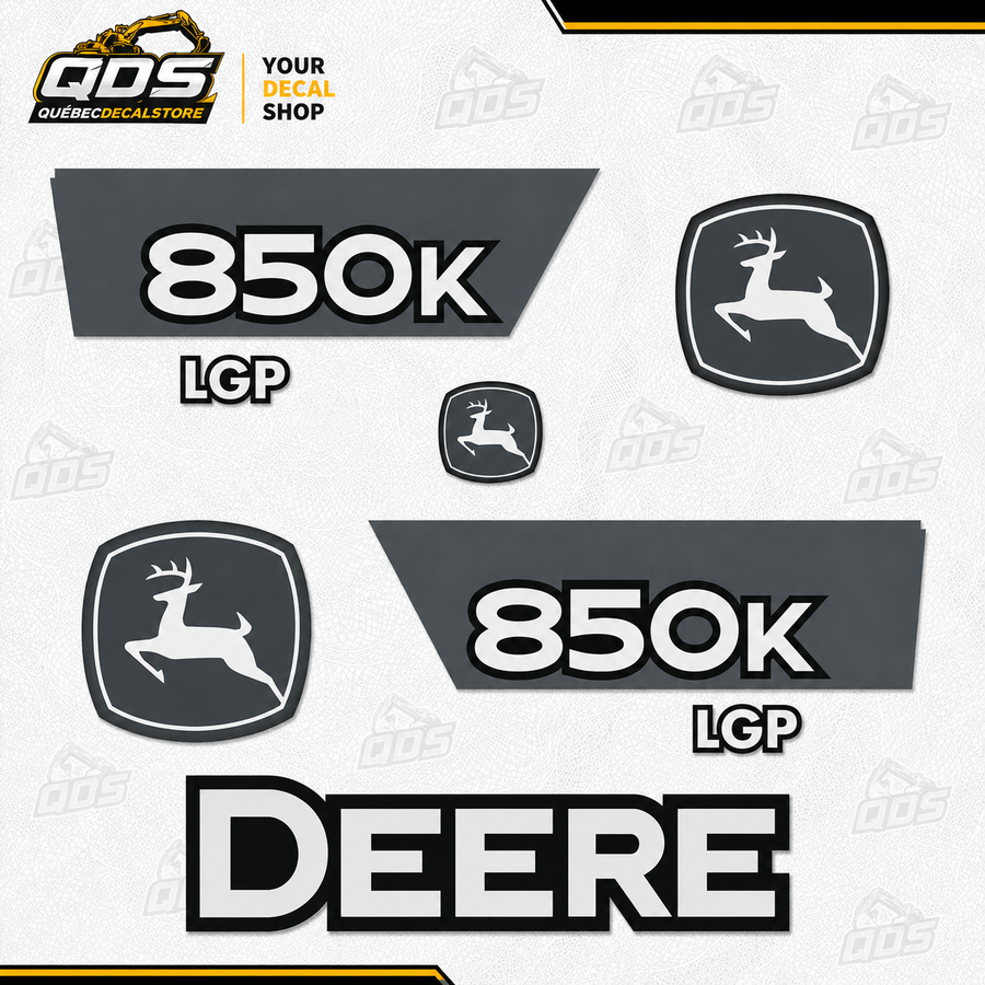 John Deere Dozer 850K LGP – aftermarket replacement decals shown in the kit