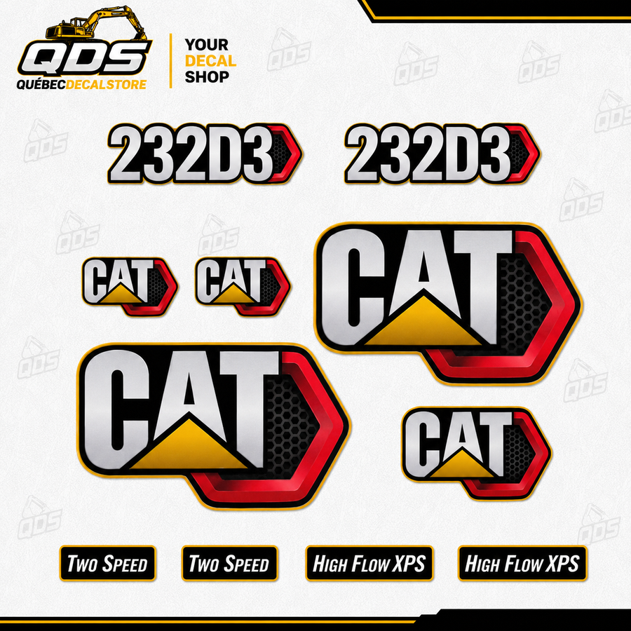 CAT Skid Steer 232D3 Next Gen – aftermarket replacement decals shown in the kit