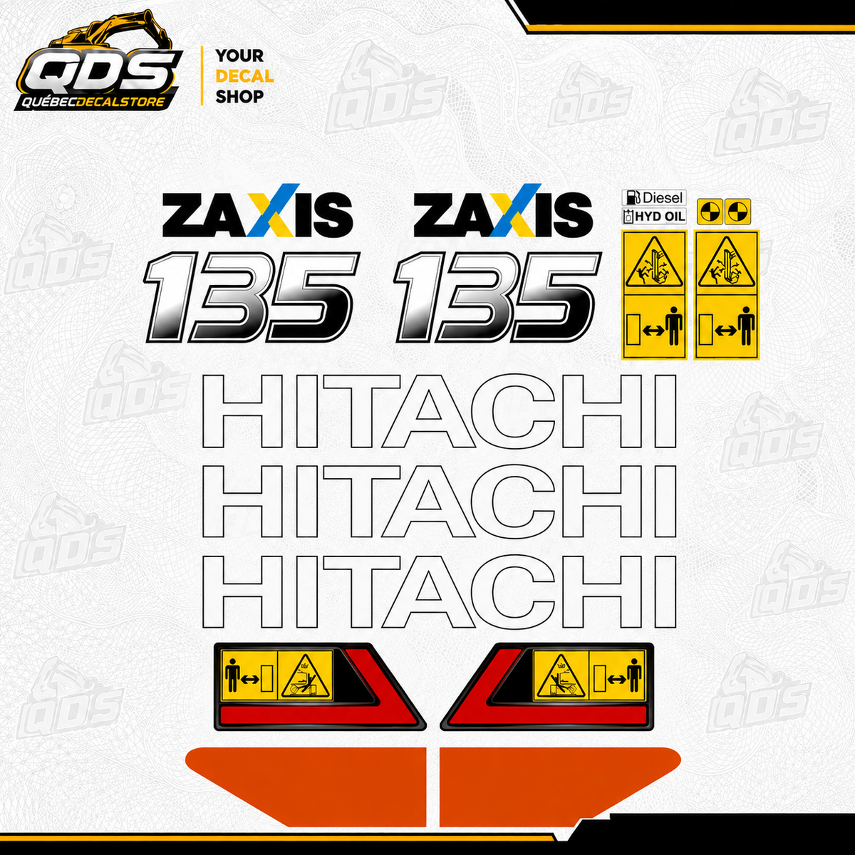 Kit de calcomanías de repuesto para Hitachi ZAXIS 135 — incluye calcomanías de seguridad