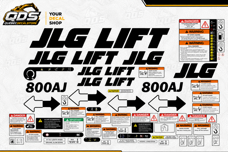 JLG Lift 800AJ – aftermarket replacement decals shown in the kit