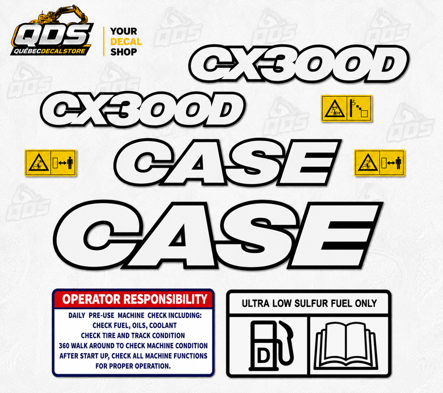 Case Excavator CX300D - All Decals are Reflective – aftermarket replacement decals shown in the kit
