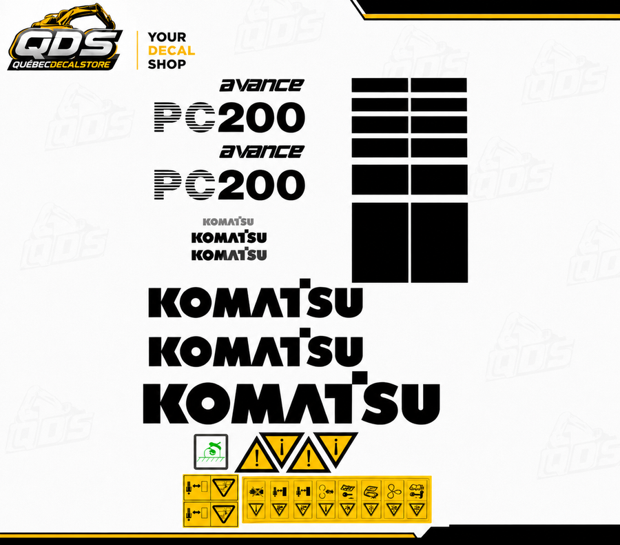KOMATSU PC200 2002 - 2010 BLACK EDITION – aftermarket replacement decals shown in the kit