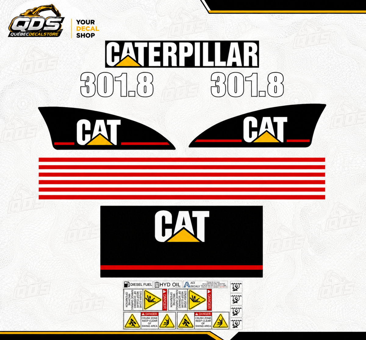CAT Mini Excavator 301.8 – aftermarket replacement decals shown in the kit