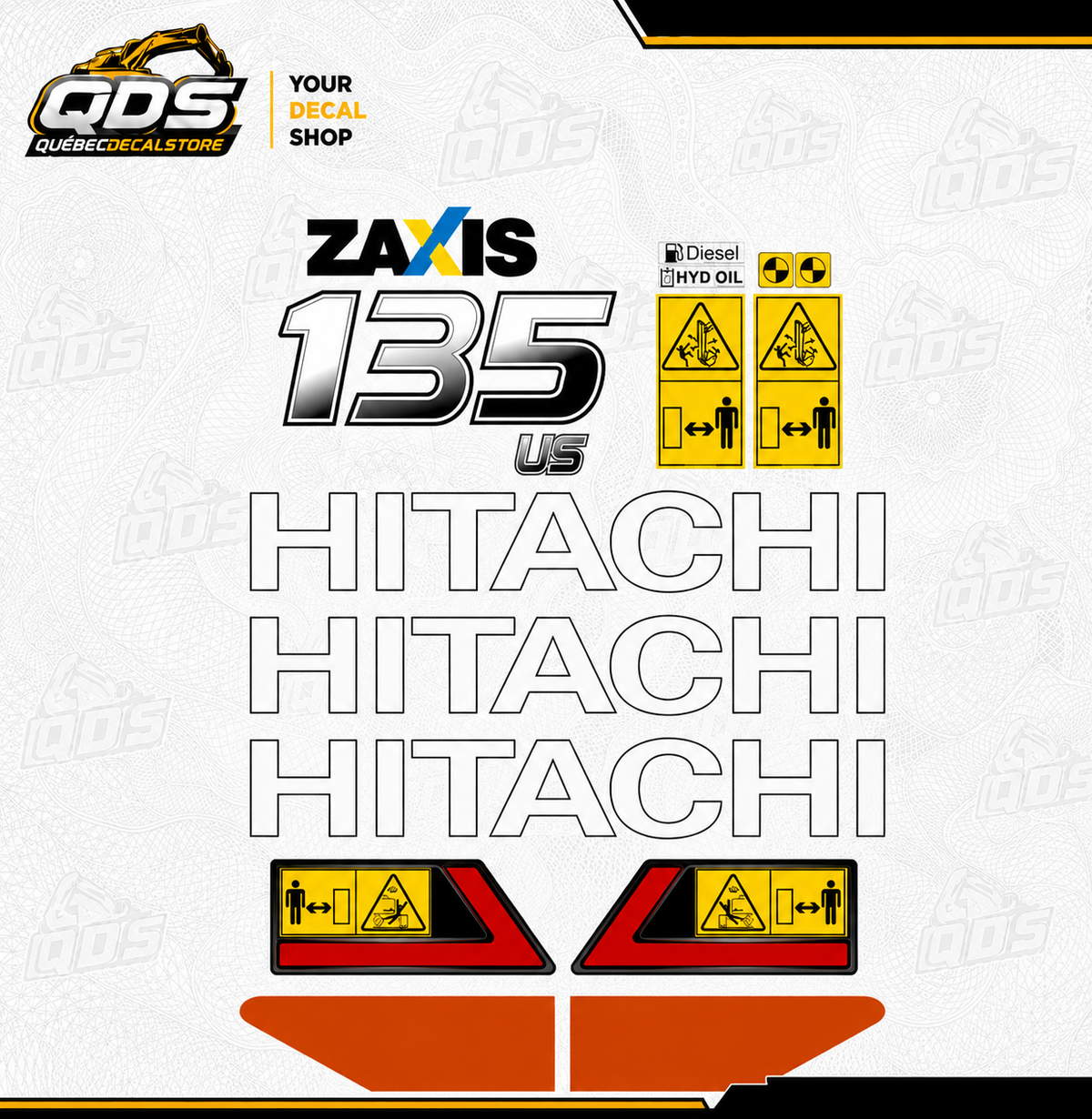 Aftermarket stickerset voor Hitachi ZAXIS 135US - Inclusief veiligheidsstickers