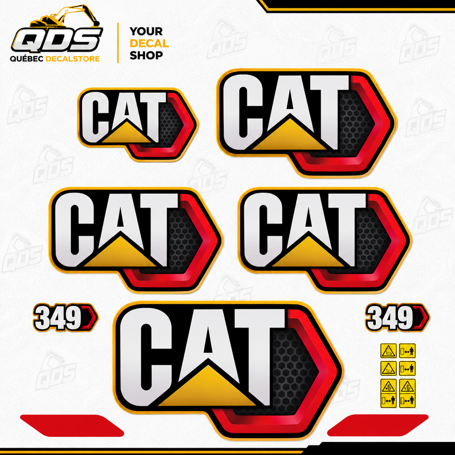 CAT 349 Next Gen – aftermarket replacement decals shown in the kit