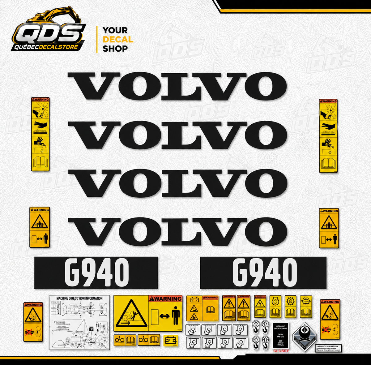 Volvo Grader G940 – aftermarket replacement decals shown in the kit