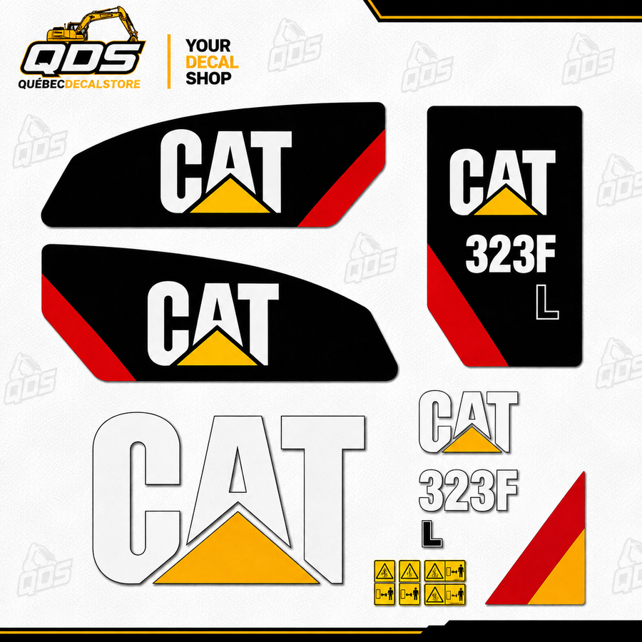 CAT Excavator 323FL – aftermarket replacement decals shown in the kit