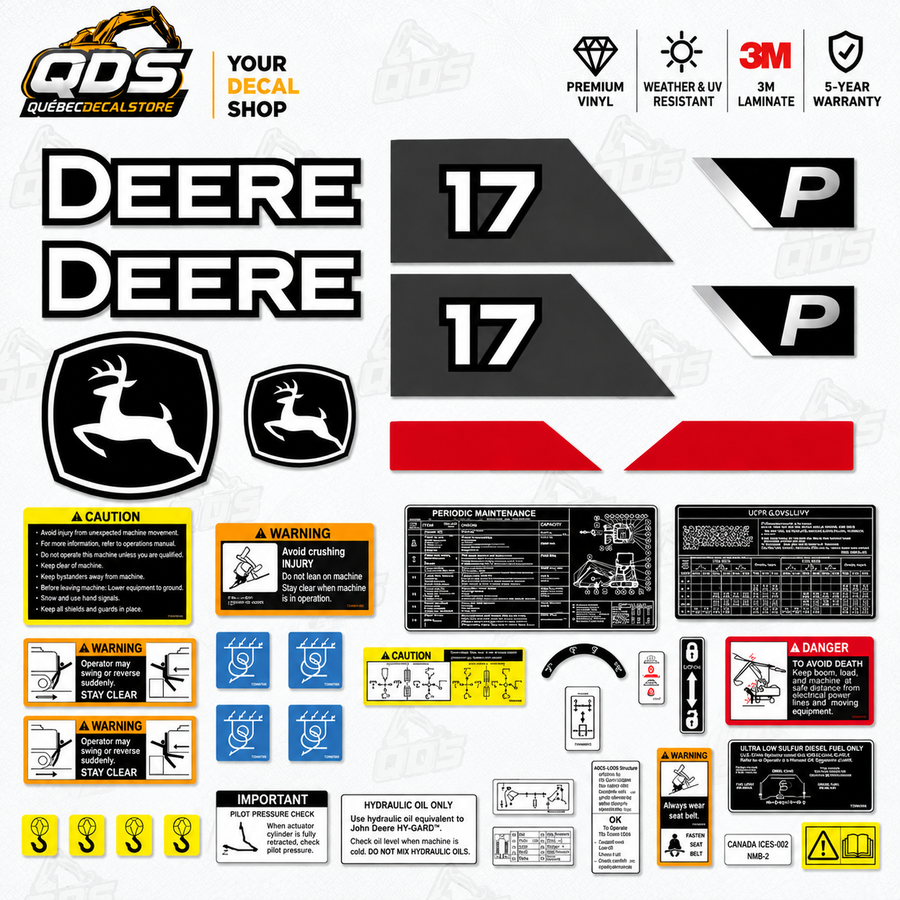 John Deere 17P New Models – aftermarket replacement decals shown in the kit