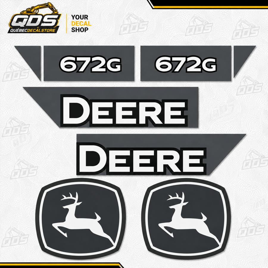 John Deere Grader 672G – aftermarket replacement decals shown in the kit
