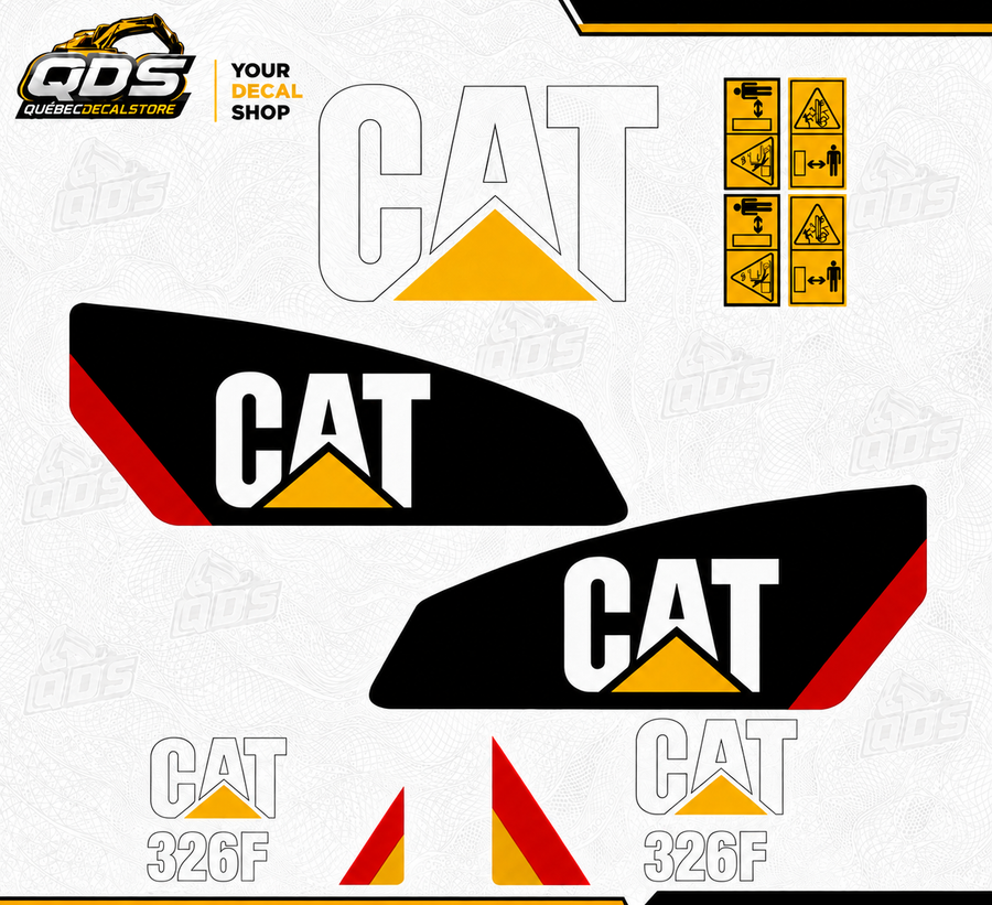 Caterpillar Excavator 326F – aftermarket replacement decals shown in the kit