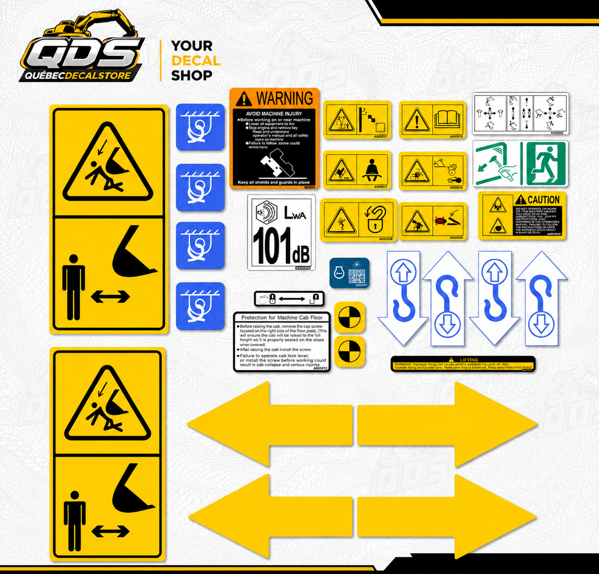 Hitachi Safety Decal Kit — ZX75 to ZX350 – aftermarket replacement decals shown in the kit
