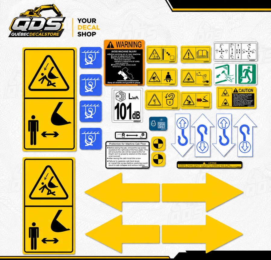 Hitachi Safety Decal Kit — ZX75 to ZX350 – aftermarket replacement decals shown in the kit