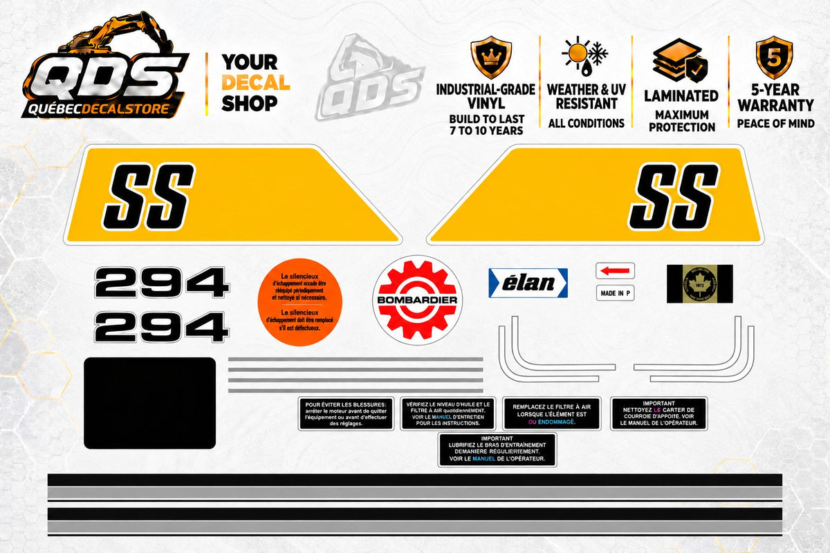 Ski-Doo Elan SS 1974 yellow decal kit with paired SS hood graphics, 294 markings, Bombardier emblem and matching trim