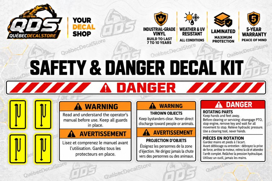 Eight-piece English and French snowblower safety decal kit with danger strip, four yellow markers and three bilingual warning panels