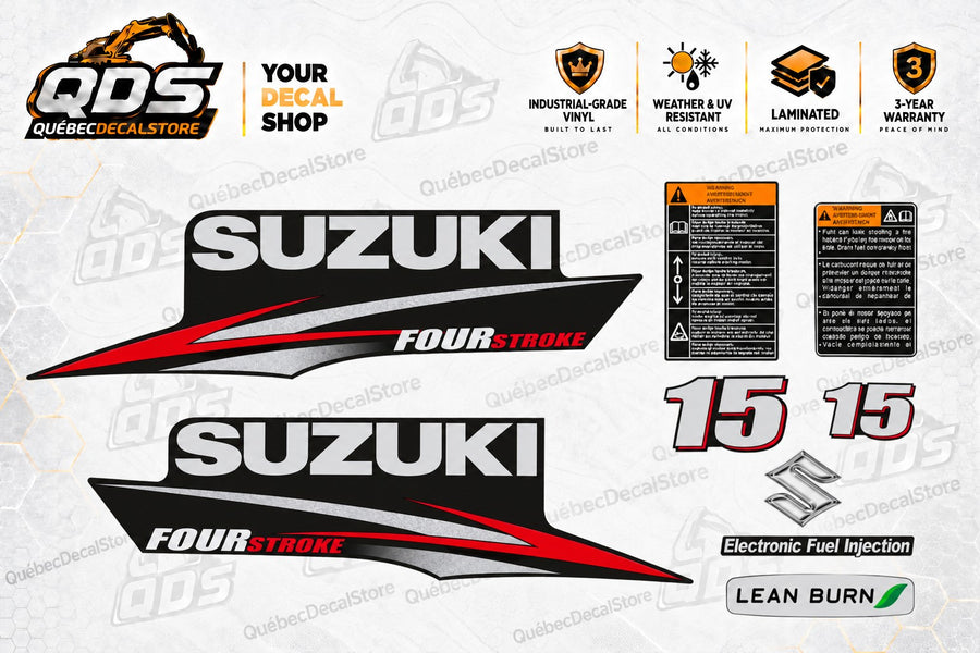 Suzuki 15 HP Four Stroke replacement decal kit with two side graphics, two 15 markings, two warning labels, Suzuki emblem, EFI and Lean Burn labels.