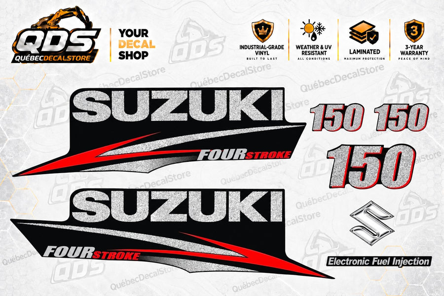 Suzuki 150 HP Four Stroke replacement decal kit with black, silver and red side graphics, three 150 markings, Suzuki emblem and Electronic Fuel Injection label.