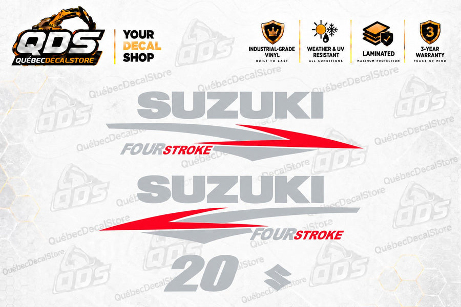Suzuki 20 HP Four Stroke outboard motor replacement decal kit with two silver SUZUKI wordmarks, red and silver side graphics, 20 horsepower marking and a Suzuki S emblem by QuébecDecalStore