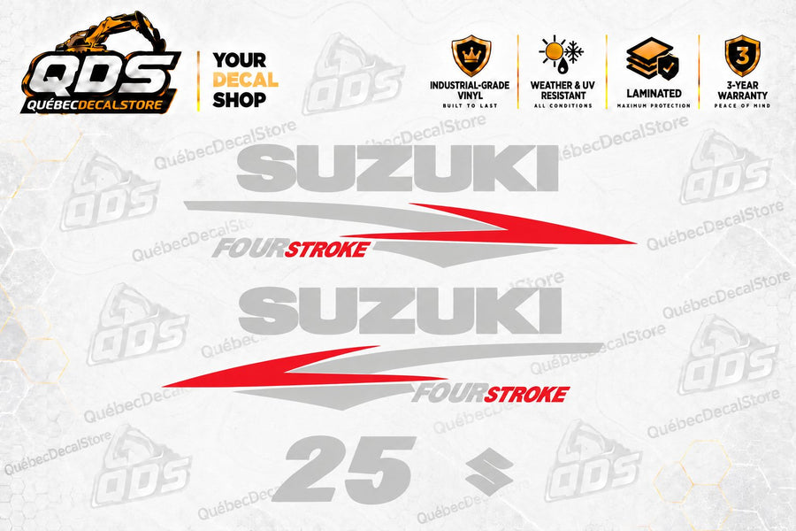 Suzuki 25 HP Four Stroke outboard motor replacement decal kit with two silver SUZUKI wordmarks, red and silver side graphics, 25 horsepower marking and a Suzuki S emblem by QuébecDecalStore