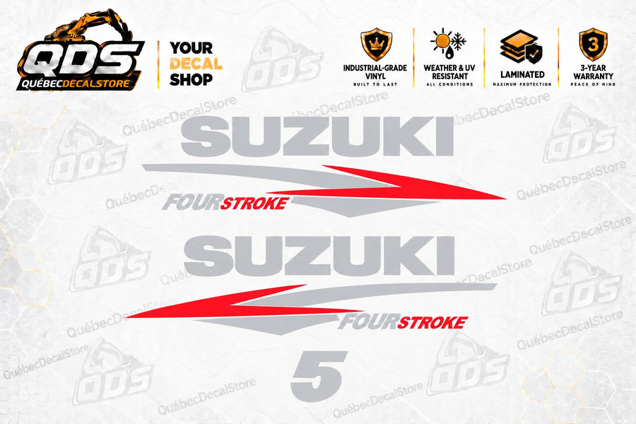 Suzuki 5 HP Four Stroke outboard motor replacement decal kit with two silver SUZUKI wordmarks, red and silver side graphics, 5 horsepower marking by QuébecDecalStore
