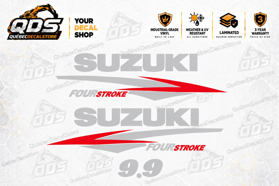 Suzuki 9.9 HP Four Stroke outboard motor replacement decal kit with two silver SUZUKI wordmarks, red and silver side graphics, 9.9 horsepower marking by QuébecDecalStore