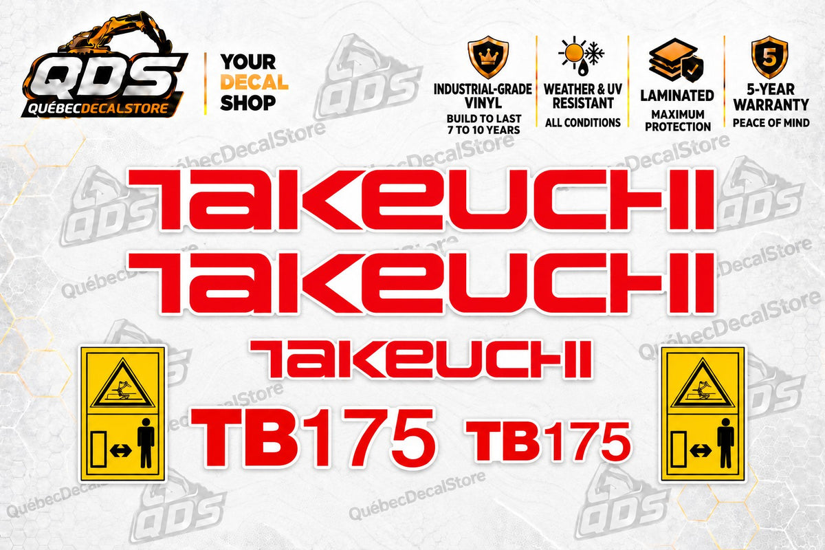 Takeuchi TB175 excavator replacement decal kit with three red Takeuchi logos, two TB175 model decals and two yellow warning labels