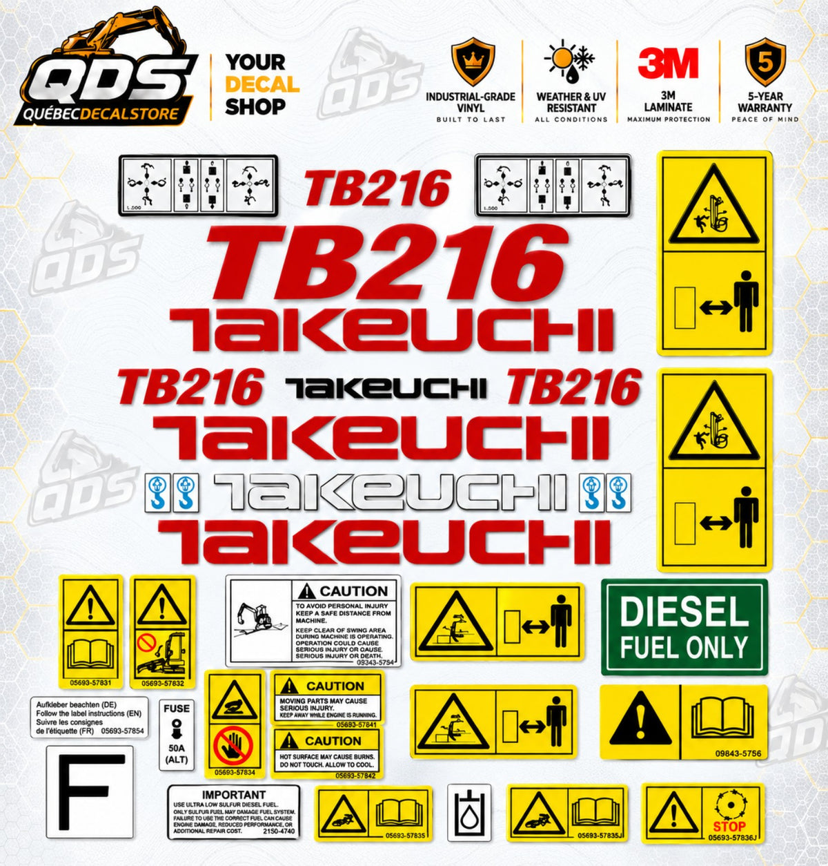 Aftermarket decal kit for Takeuchi TB216 mini excavator with model lettering, red, black and silver Takeuchi logos, safety labels and control pictograms