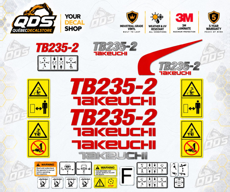 Aftermarket decal kit for Takeuchi TB235-2 mini excavator with red and silver model graphics, Takeuchi logos, safety labels and control decals