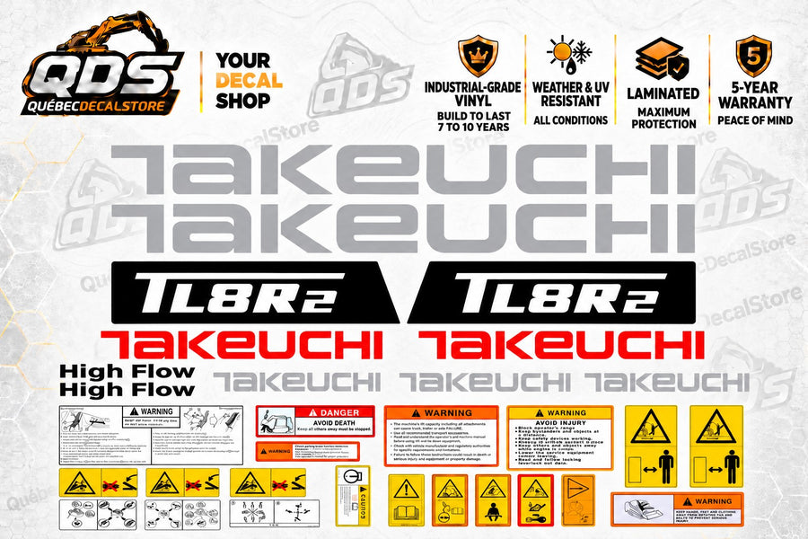Takeuchi TL8R2 compact track loader replacement decal kit with grey and red Takeuchi lettering, two black TL8R2 panels, High Flow markings and warning labels