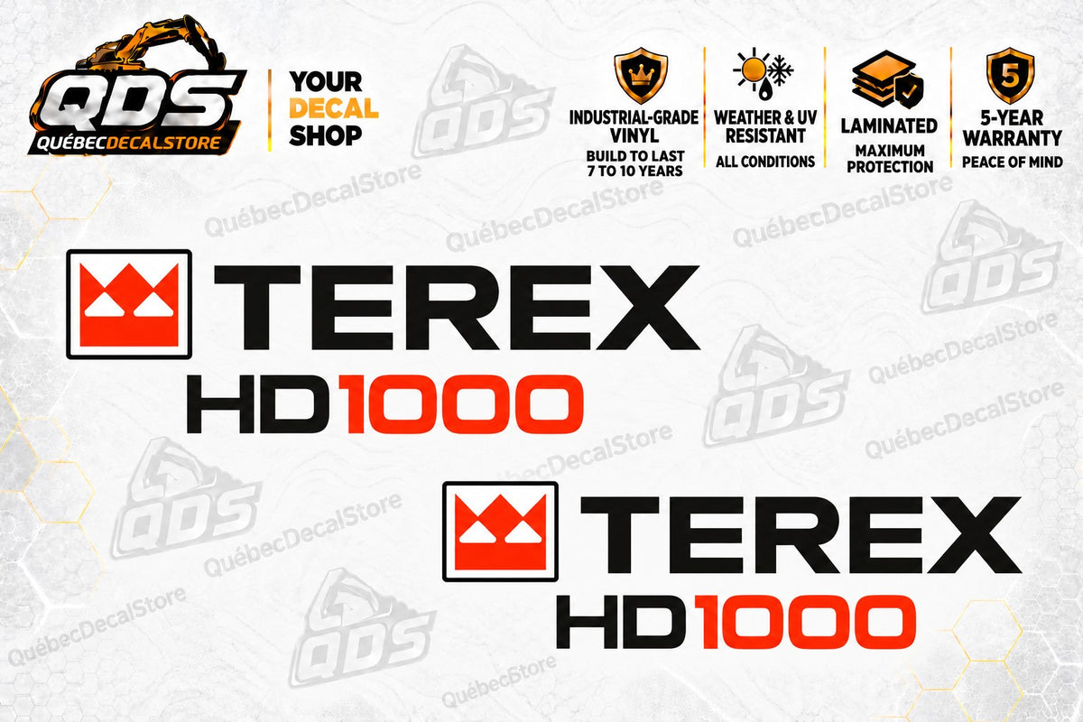 Terex HD1000 Logo Decals – Pair, Original / White / Black, 3–30 in