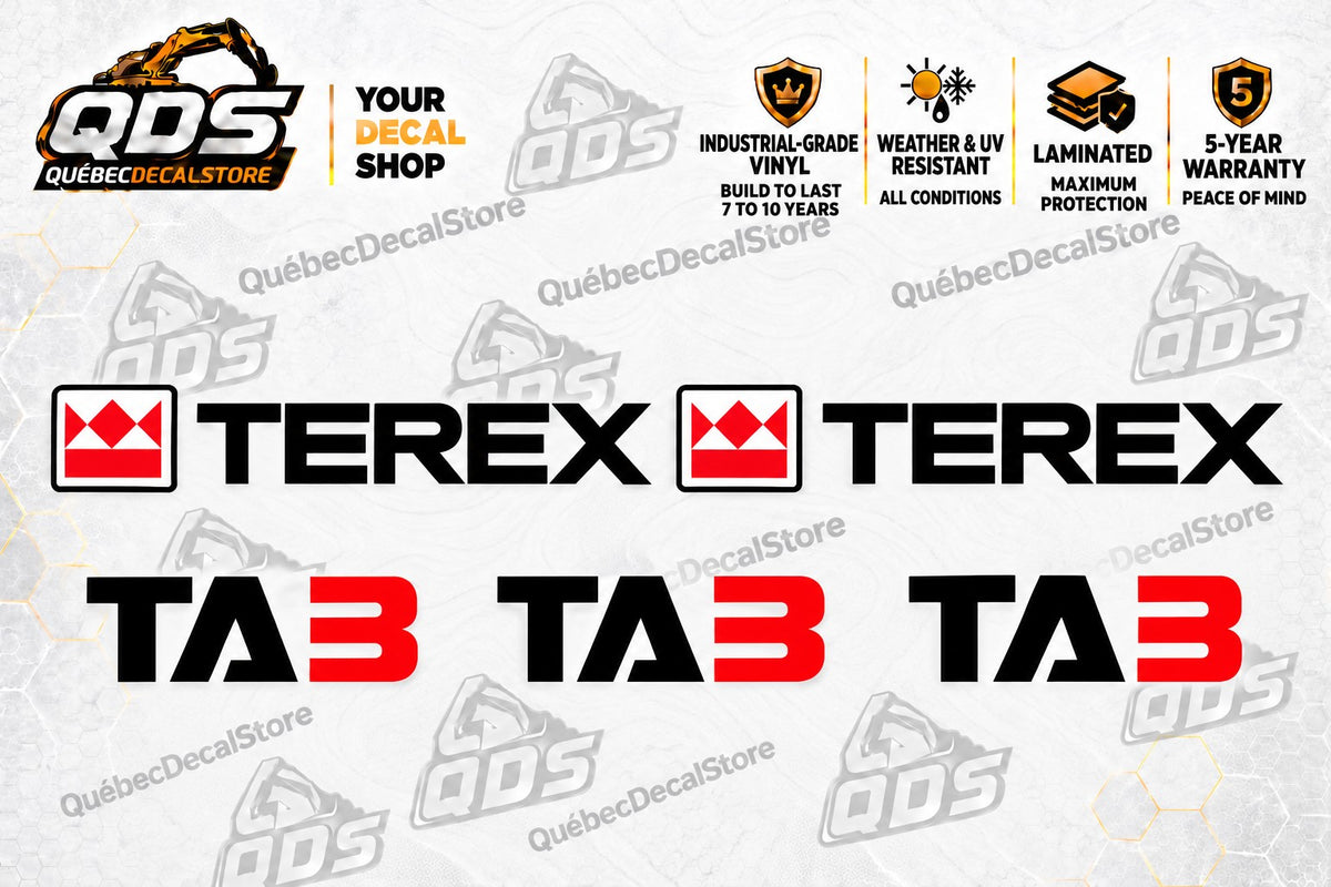 Terex TA3 replacement site dumper decal kit with two Terex logos and three black and red TA3 model markings