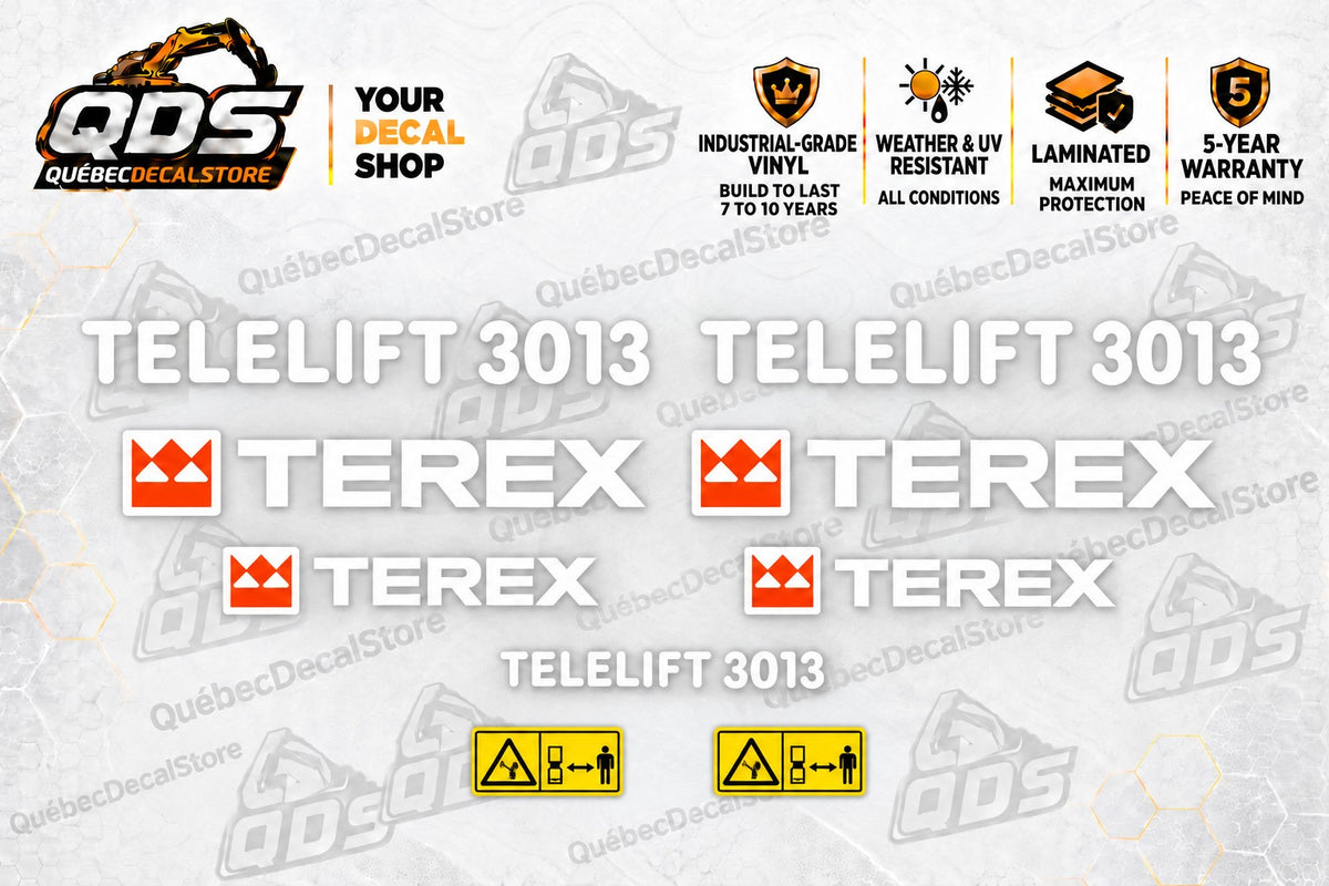 Terex Telelift 3013 replacement telehandler decal kit with white model lettering, four Terex logos and two yellow warning strips