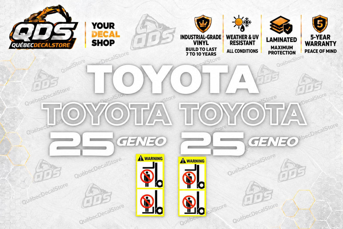 Toyota Geneo 25 forklift replacement decal kit with white Toyota and 25 Geneo graphics and two warning labels