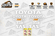 Toyota Tonero 15 SAS forklift decal kit with white and orange lettering and two safety pictogram labels