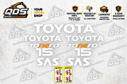 Toyota Tonero 15 SAS forklift decal kit with white and orange lettering and two WARNING safety labels