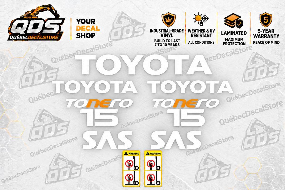 Toyota Tonero 15 SAS forklift decal kit with white and orange lettering and two WARNING safety labels
