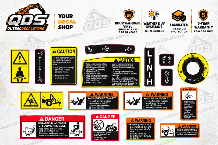 Tractor loader and backhoe safety and control decal assortment with PTO, seat belt, operating and hazard labels