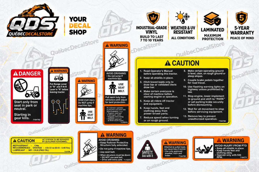 Tractor ROPS and PTO safety decal kit with rollover, seat belt, starting and operating instruction labels