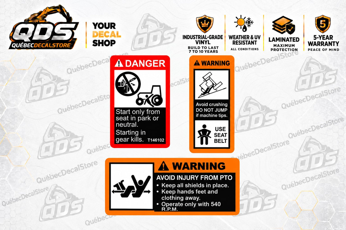 Tractor Safety Decal Kit – Starting, Seat Belt & PTO – 3 Pieces