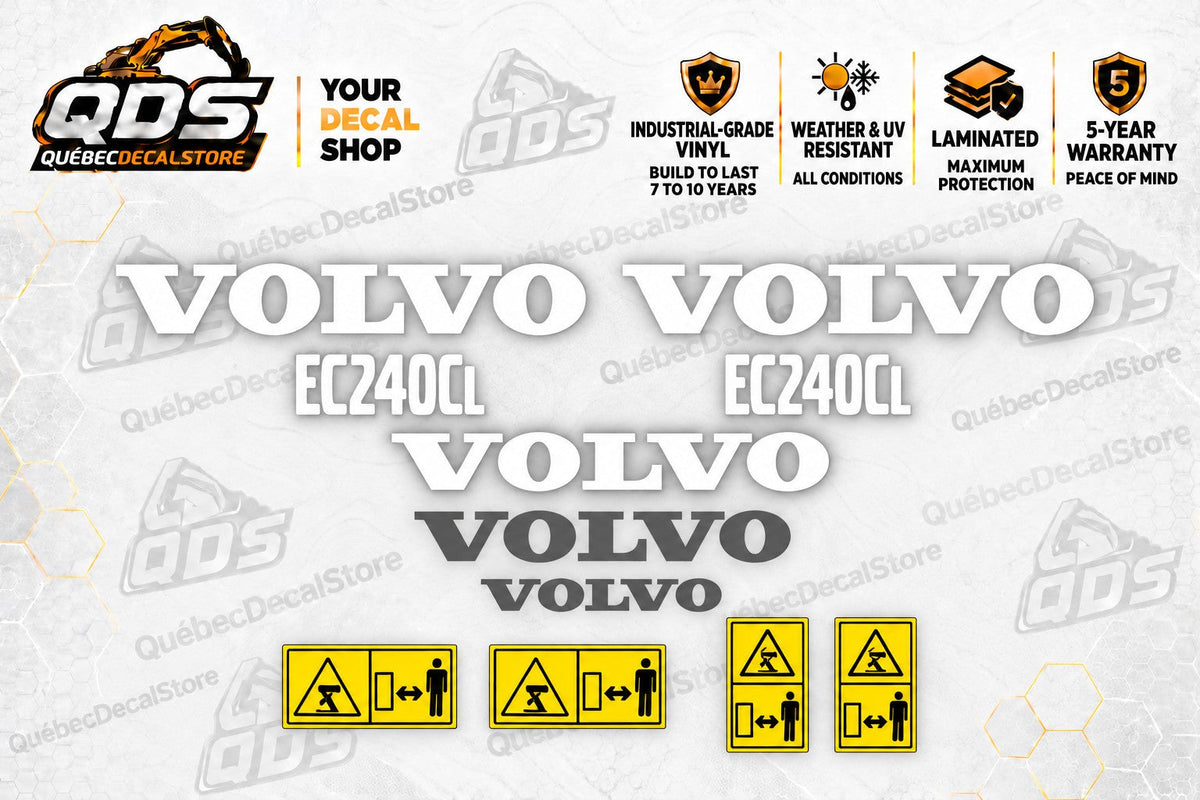 Volvo EC240CL kit with white and black Volvo wordmarks, two model graphics and four pictured yellow warning panels