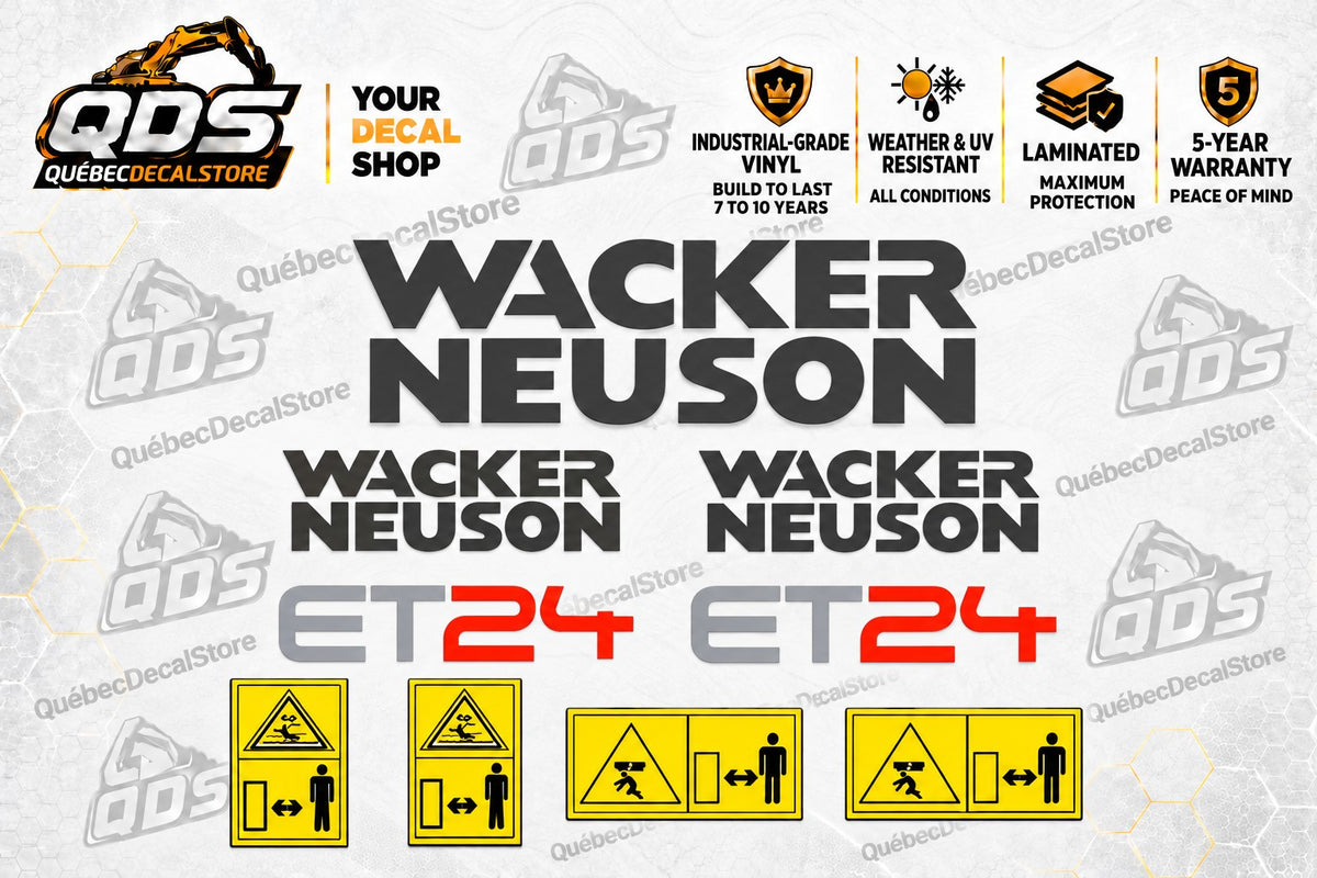 Wacker Neuson ET24 mini excavator decals with three brand wordmarks, two grey-and-red model graphics and four yellow warning panels