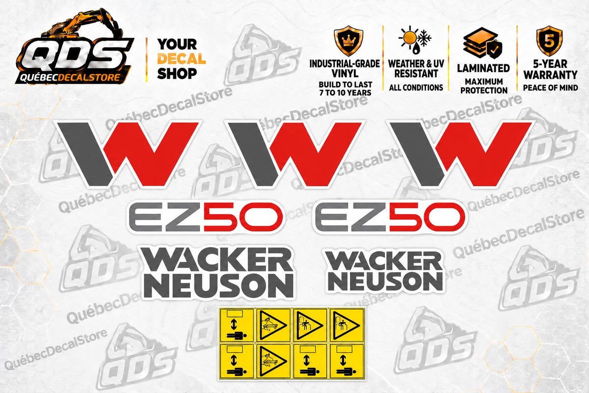 Wacker Neuson EZ50 mini excavator kit with red and grey logos, model markings and pictured yellow warning labels
