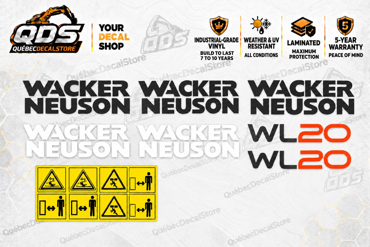 Wacker Neuson WL20 wheel loader black and white logos, red model numbers and pictured warning pictograms