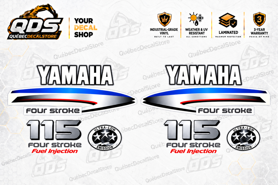 Yamaha 115 Four Stroke outboard motor decal kit with blue and silver stripes, Yamaha logos, model markings and emission badges by QuébecDecalStore