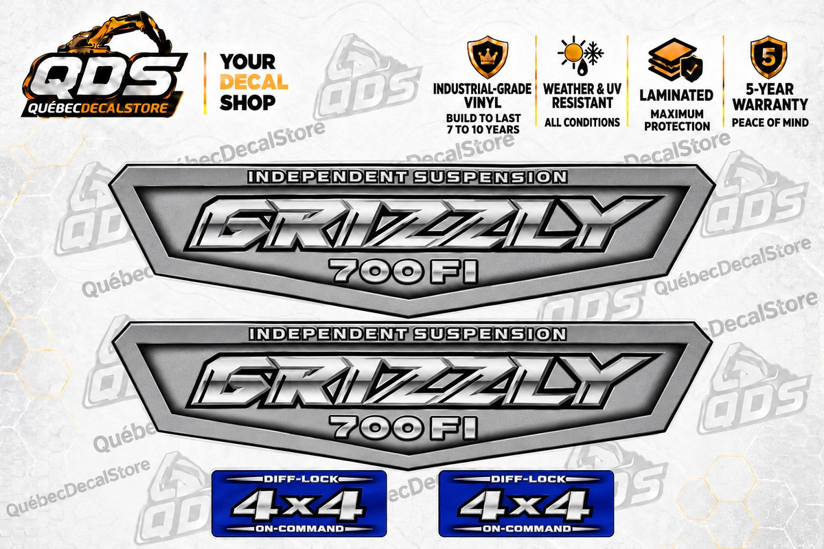 Yamaha Grizzly 700FI aftermarket decal kit: 2 silver side decals and 2 blue 4x4 badges