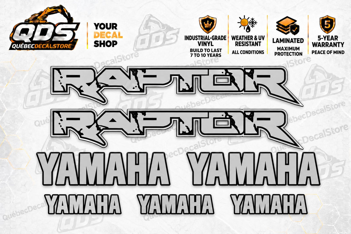 Yamaha Raptor silver and black 7-piece decal kit with 2 distressed Raptor wordmarks, 2 large and 3 small Yamaha logos